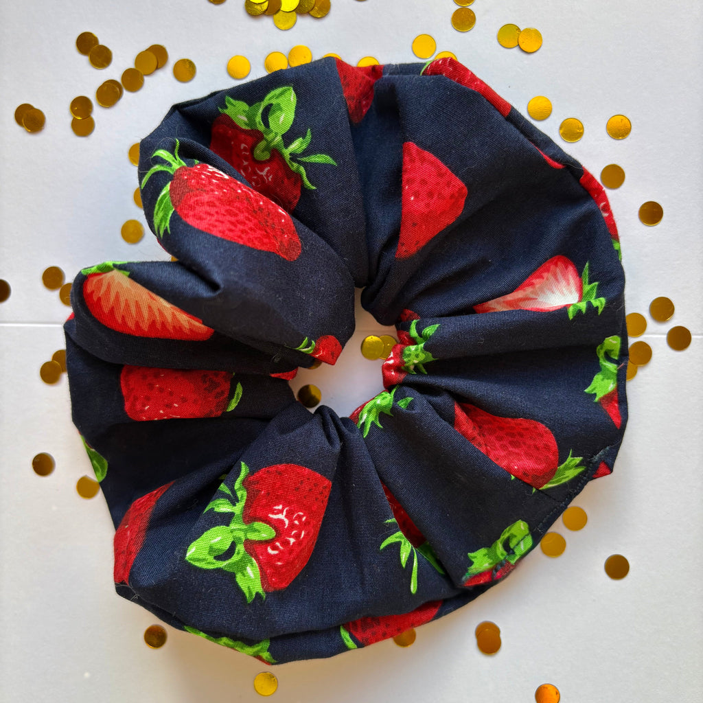 Cool navy blue and red strawberry large hair scrunchie