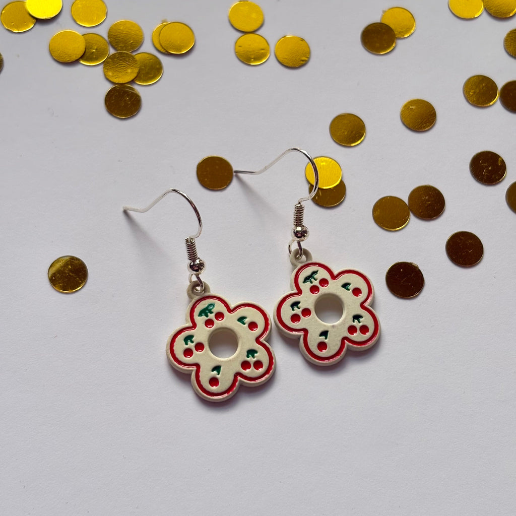 Cream with red cherry flower dangle earrings on hypoallergenic surgical steel hooks