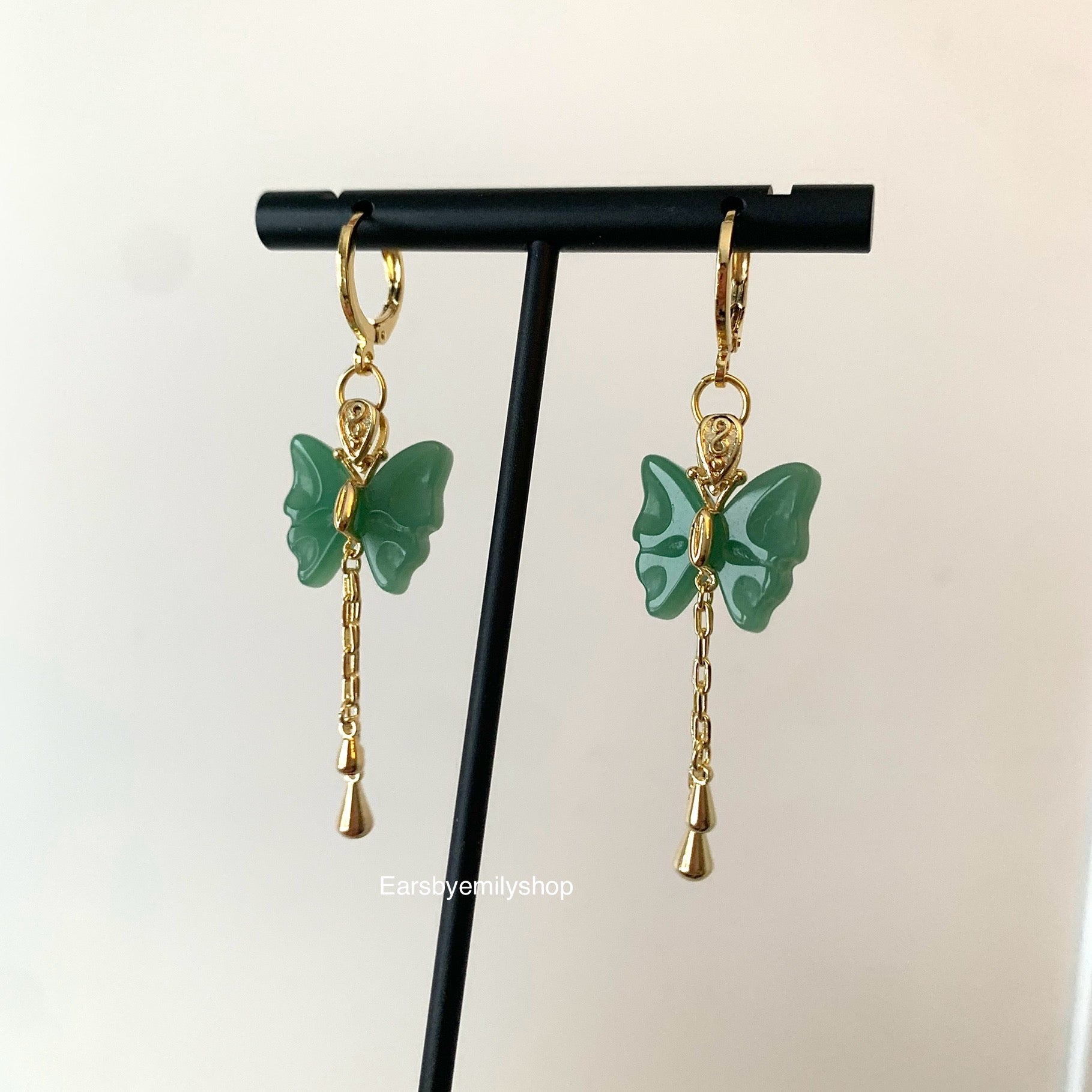 Green butterfly gold plated hoop earrings