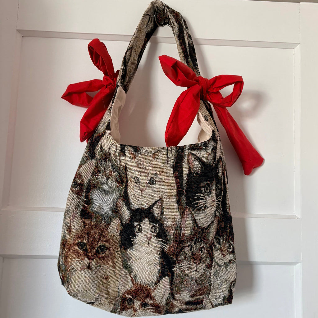 Handmade cool cat tapestry with red bow tote bag