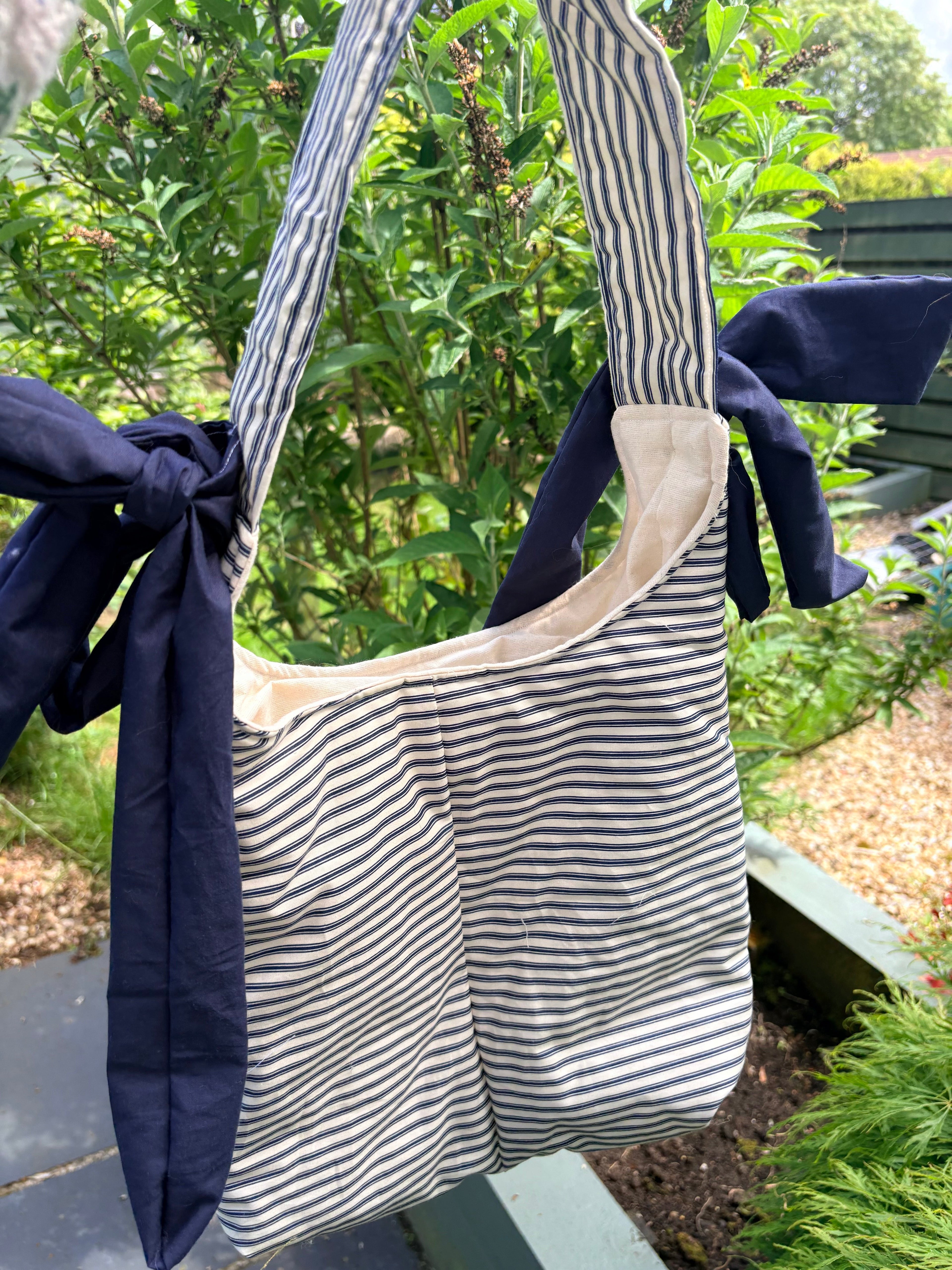Handmade white and navy blue stripe coquette padded tote bag with bows