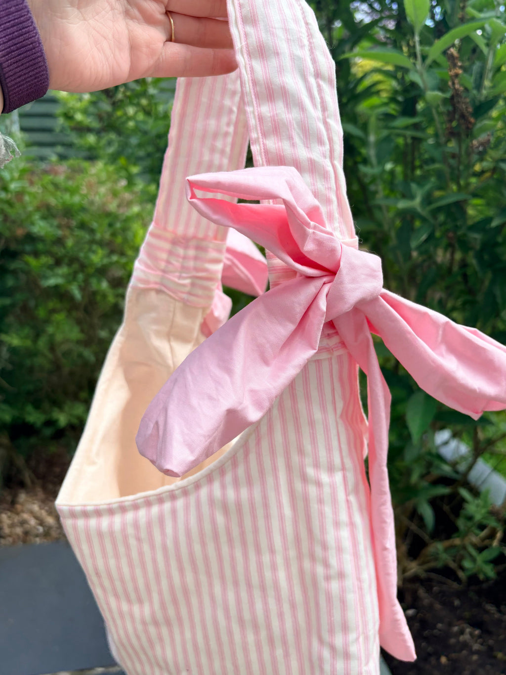 Handmade white and pink stripe coquette padded tote bag with bows