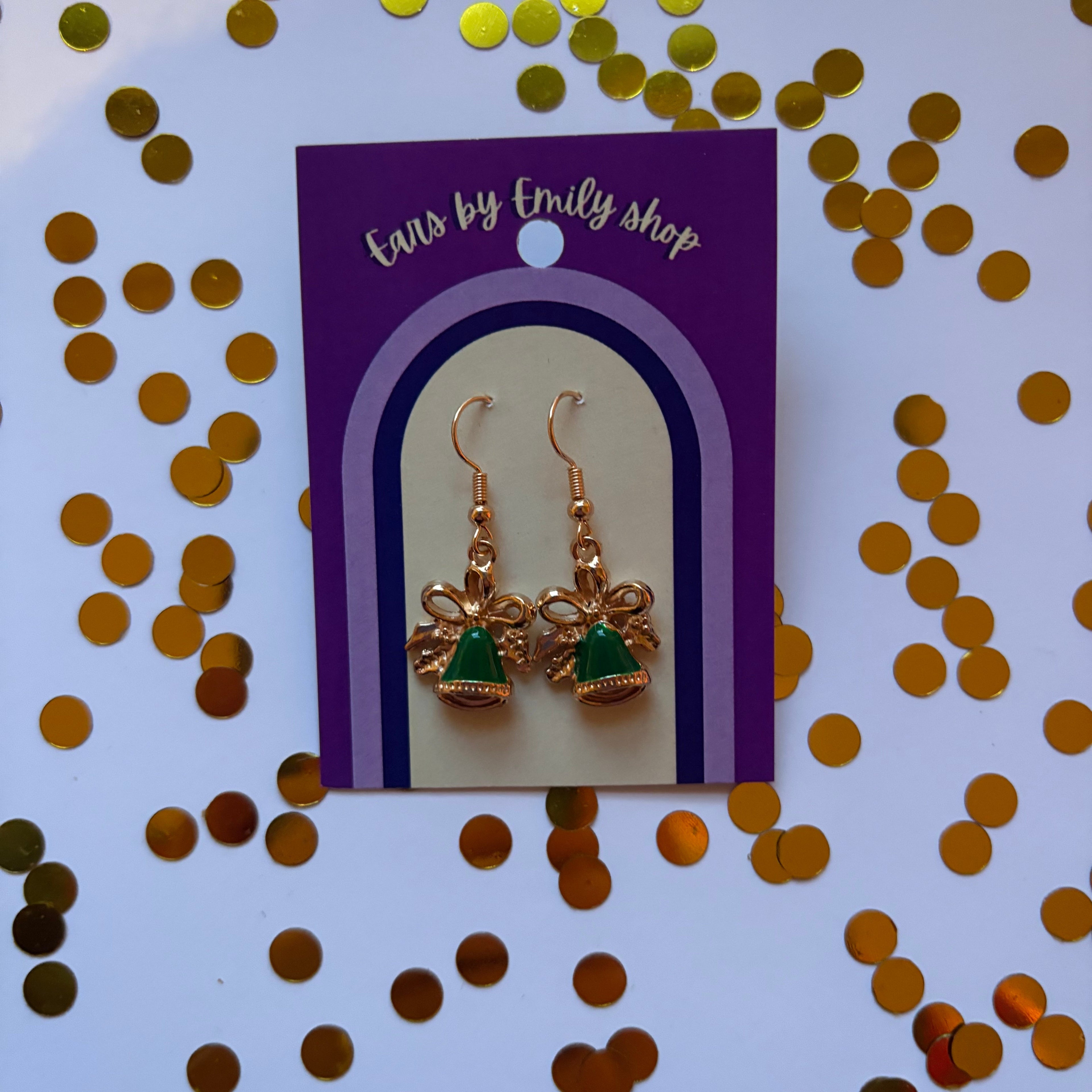 Green Christmas bell and bow gold earrings