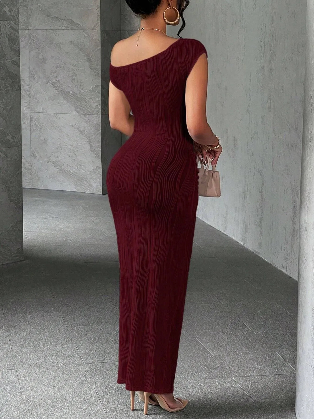Textured Single Shoulder Bodycon Maxi Dress
