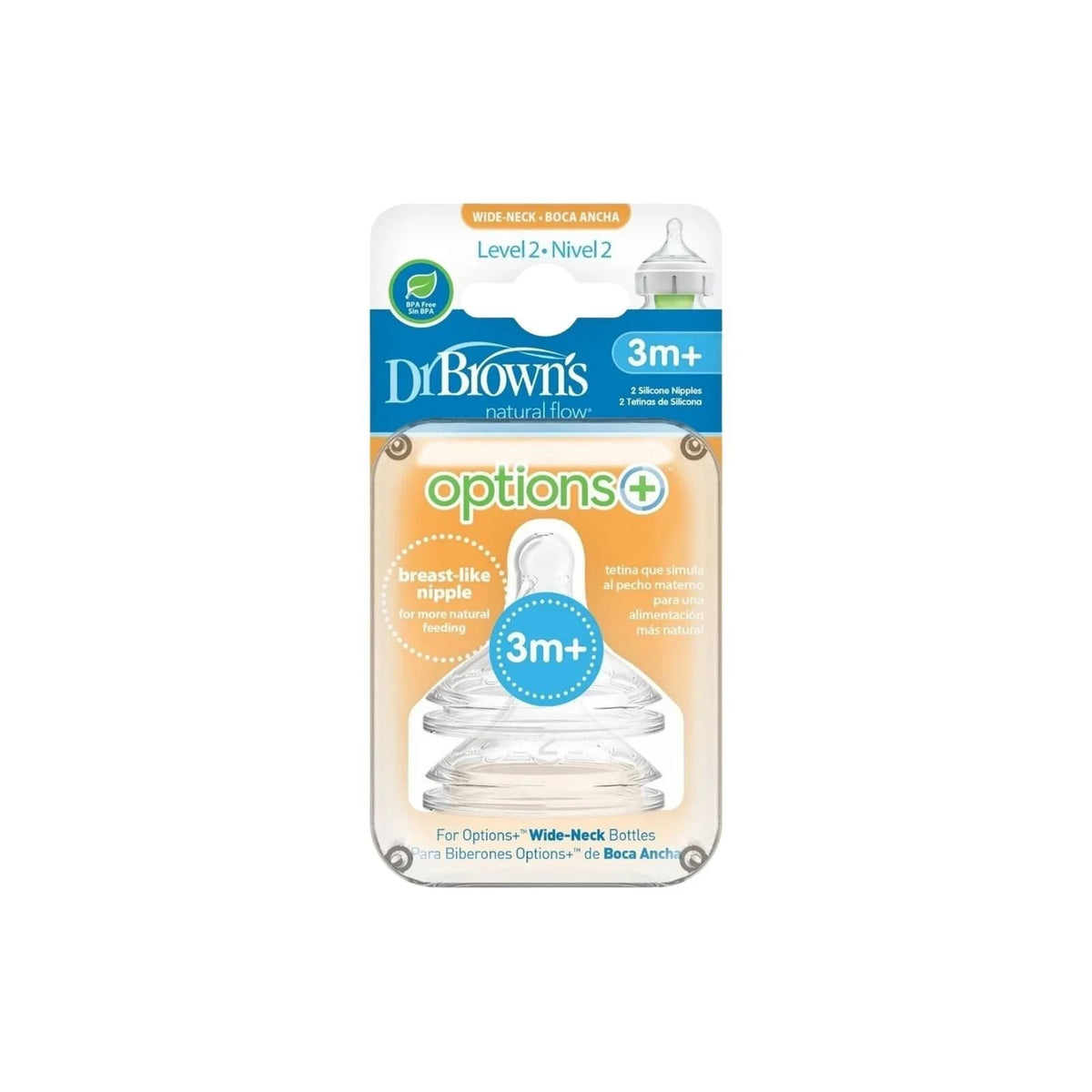 Dr. Brown's Options+ Baby Bottle Teats Level 2 Wide Neck 3+ months Pack of 2
