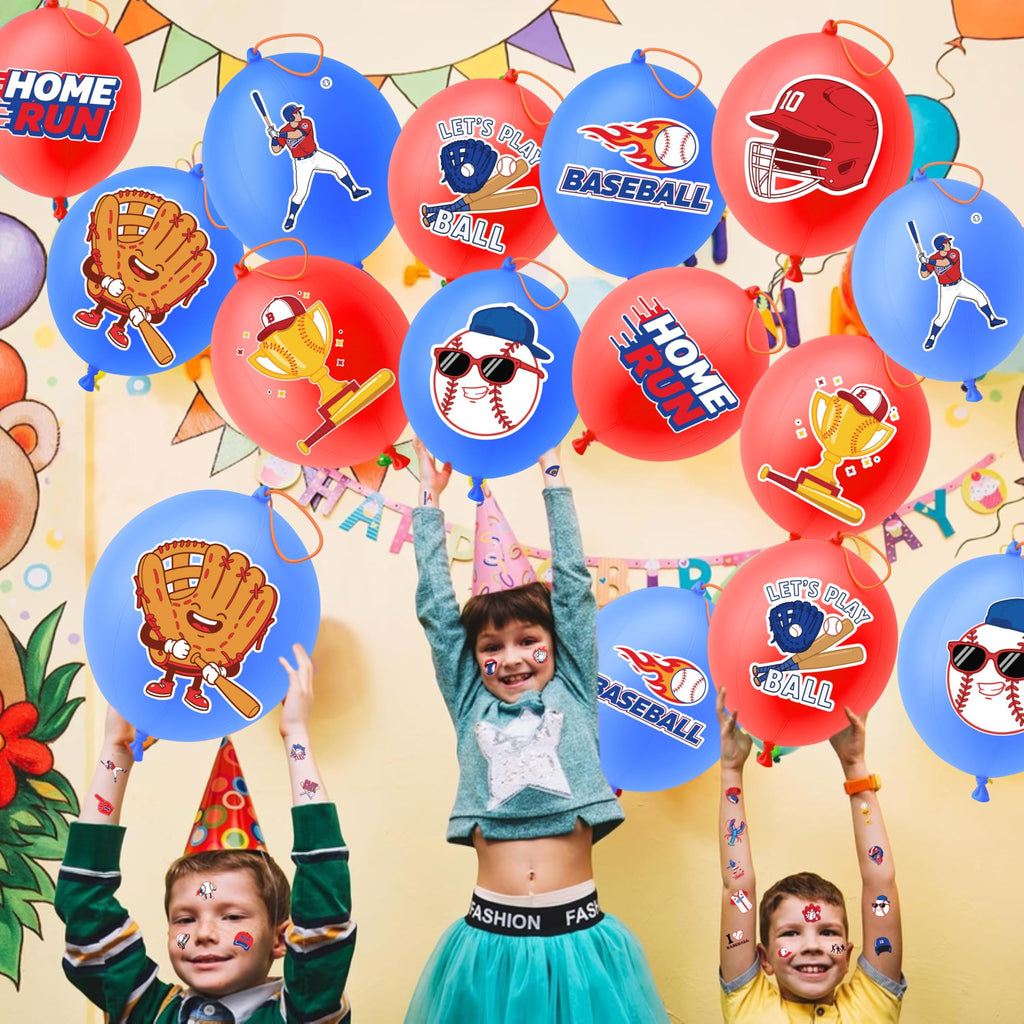 91BALLOONS 72 PCS Baseball Party Favors – 24 18-Inch Punch Balloons + 48 Pre-Cut Tattoos