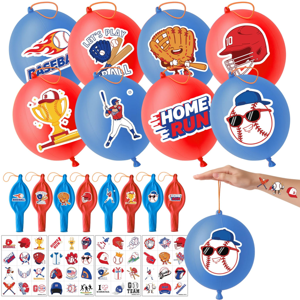 91BALLOONS 72 PCS Baseball Party Favors – 24 18-Inch Punch Balloons + 48 Pre-Cut Tattoos