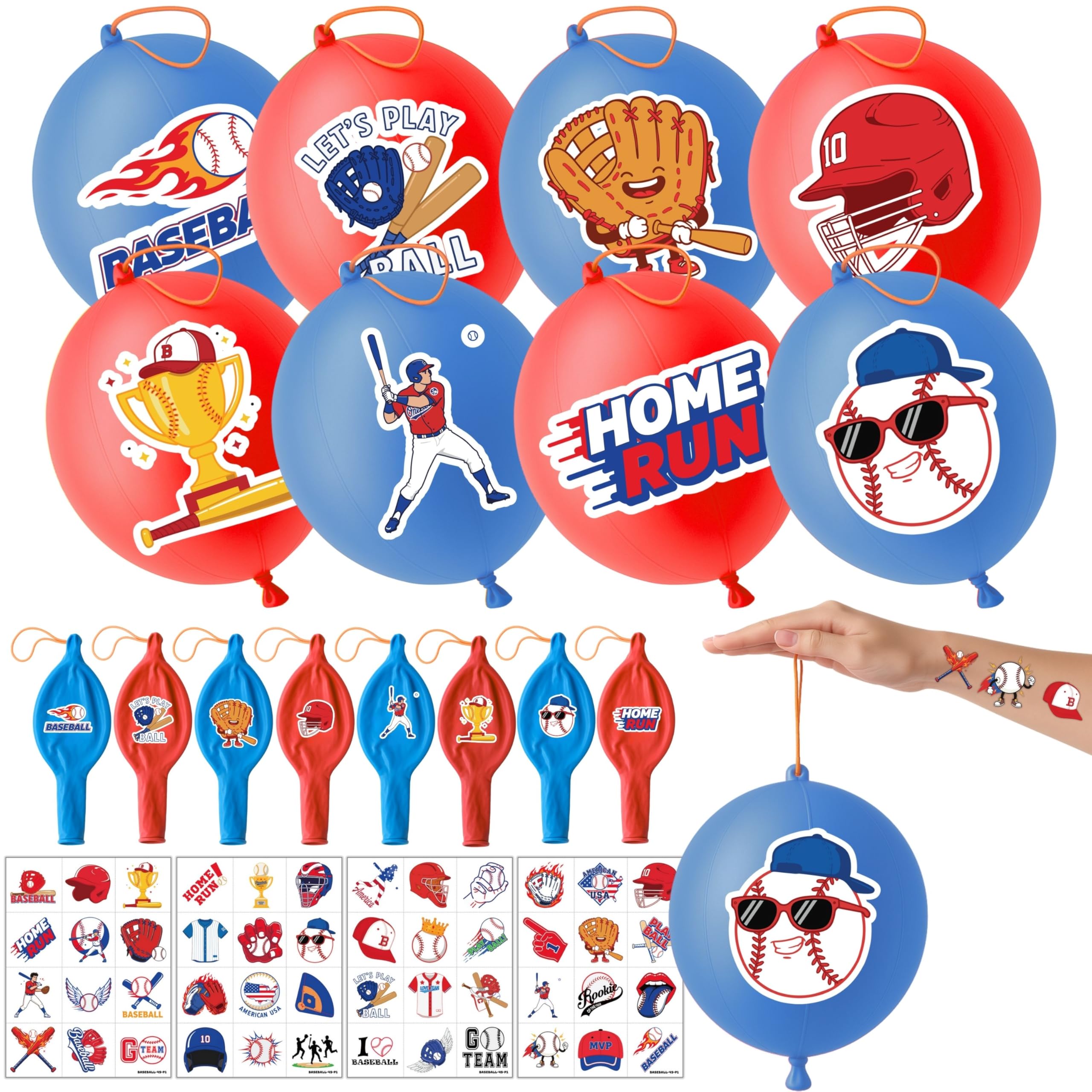 91BALLOONS 72 PCS Baseball Party Favors – 24 18-Inch Punch Balloons + 48 Pre-Cut Tattoos