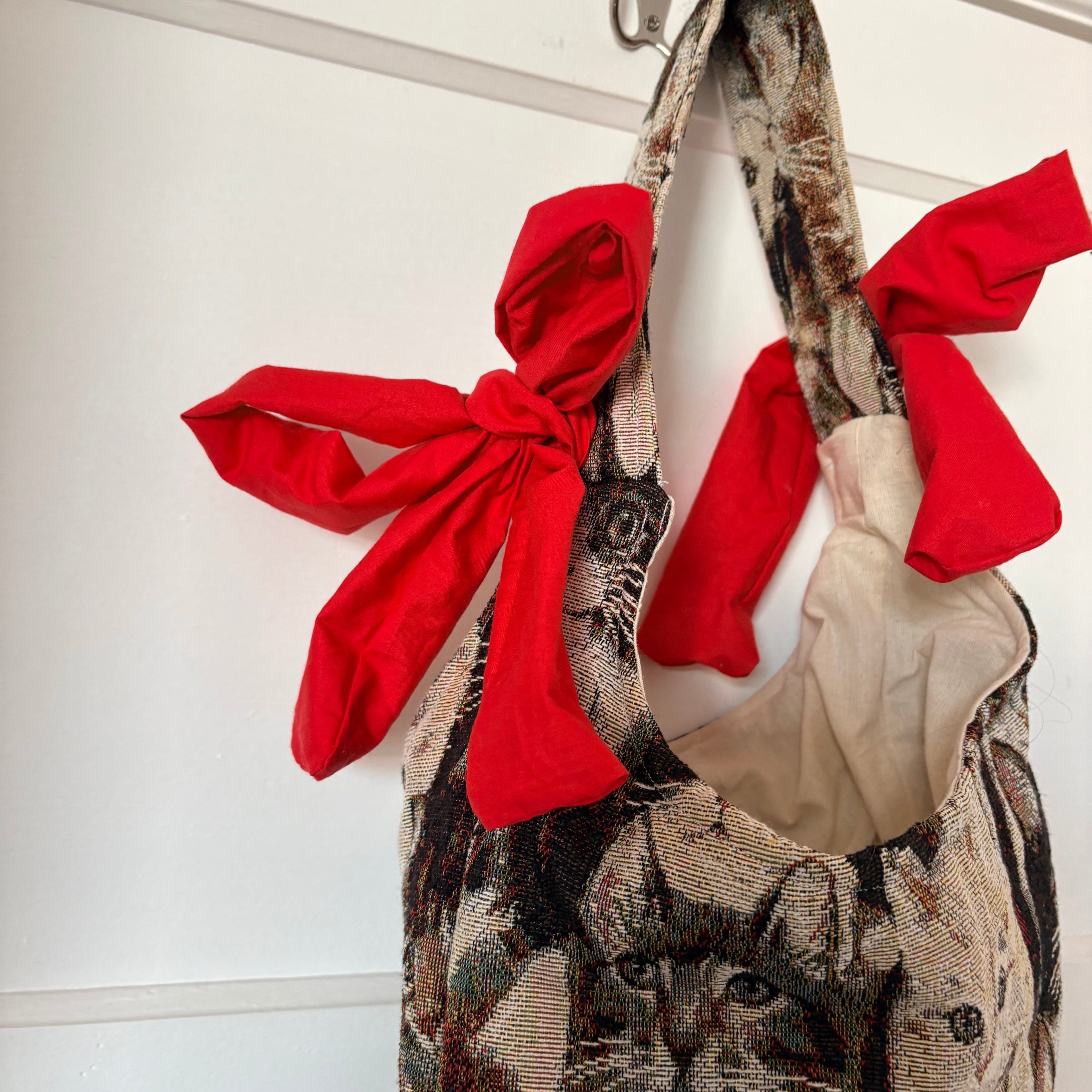 Handmade cool cat tapestry with red bow tote bag