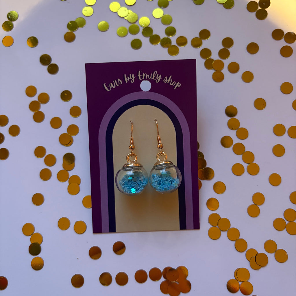 Light blue star sparkle bauble Christmas dangle earrings gold plated