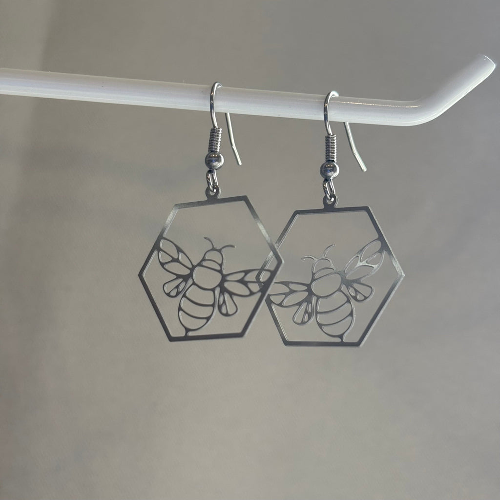 Stainless steel silver hexagon bee earrings