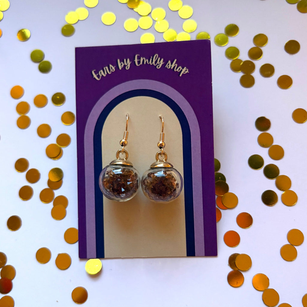 Brown sparkle gem bauble Christmas dangle earrings gold plated