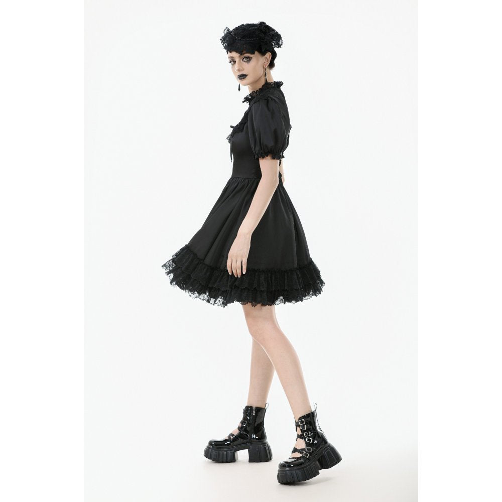 Dark in Love Belladonna Lace-Up High Collar Puff Sleeve Goth Dress  in Black