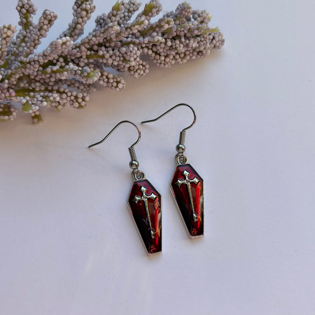 Dark red silver coffin with cross halloween dangle earrings
