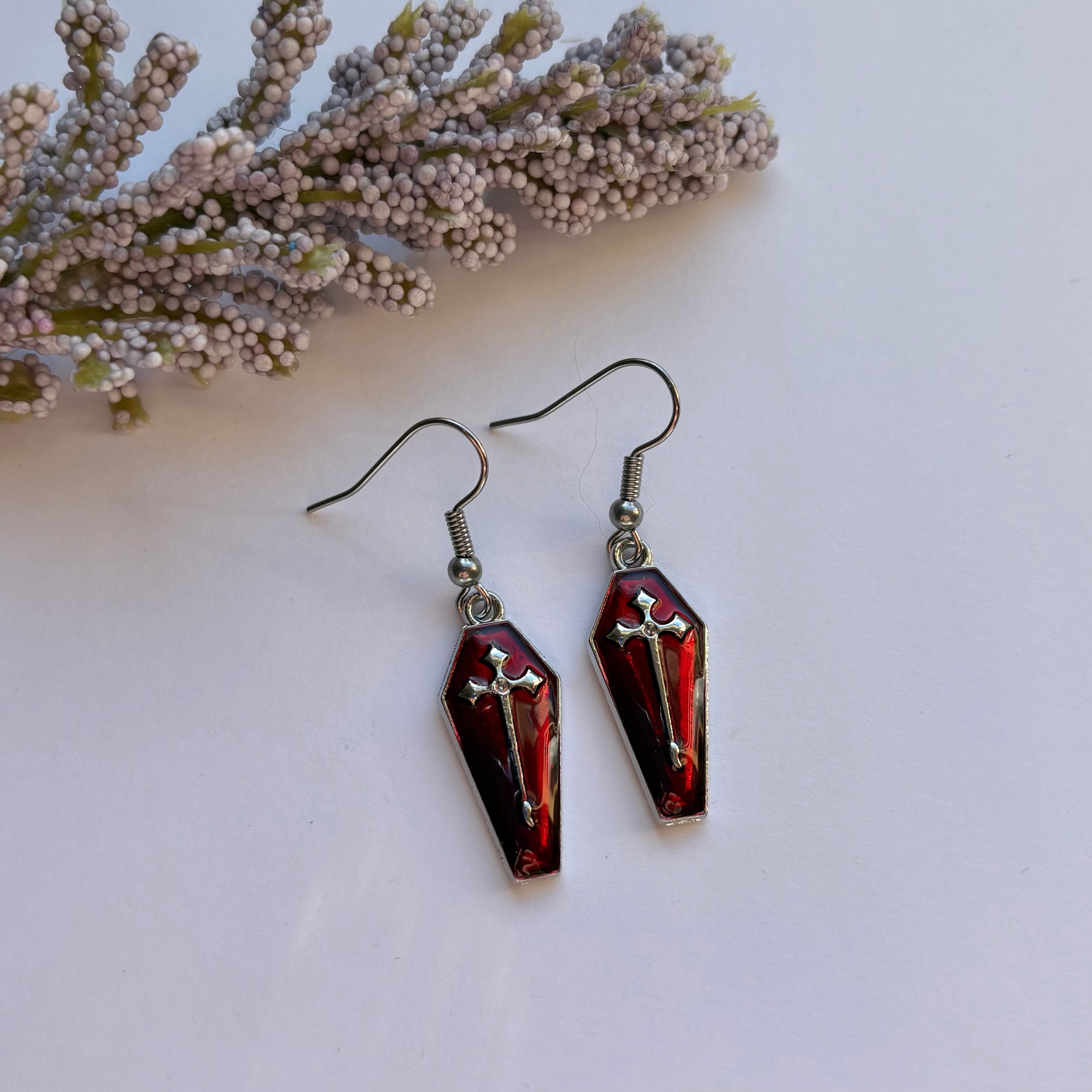 Dark red silver coffin with cross halloween dangle earrings