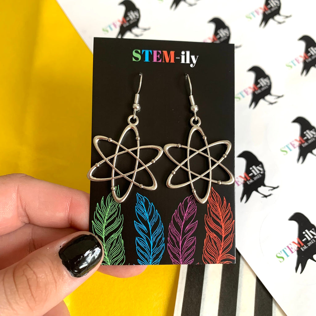 Silver atom chemistry science earrings on hypoallergenic surgical steel hooks