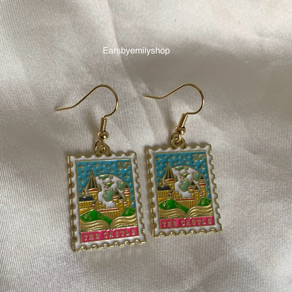 Castle stamp dangle gold earrings
