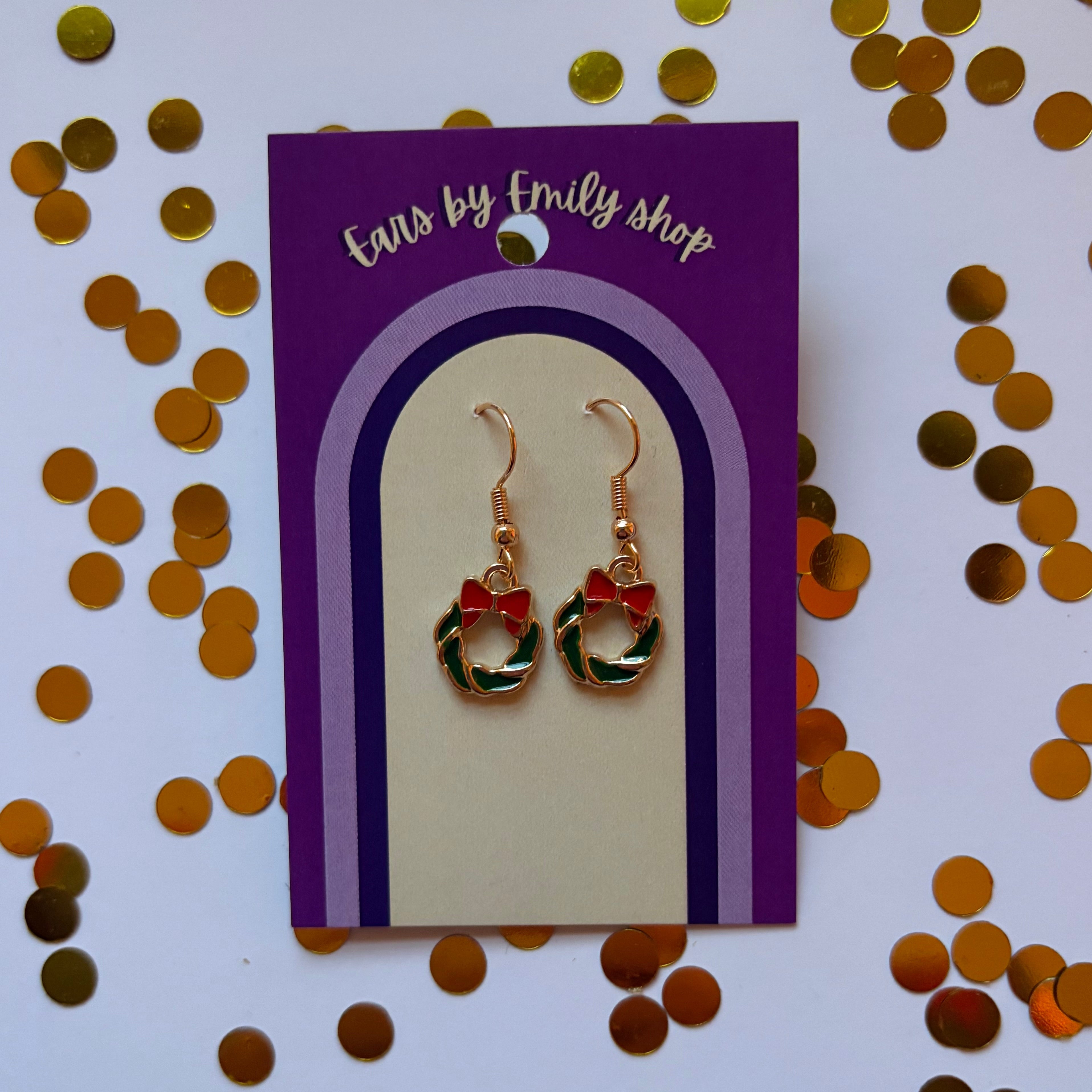 Green Christmas wreath gold earrings