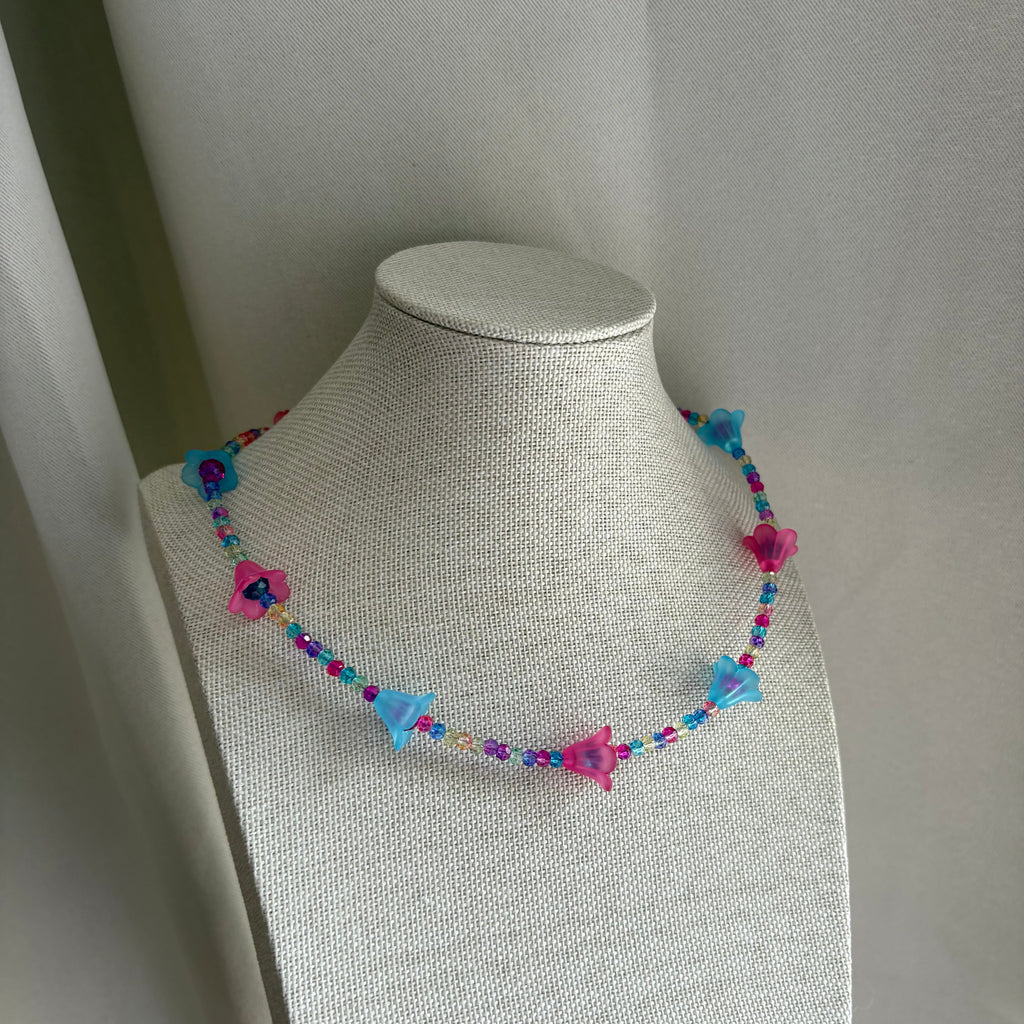 Handmade beaded pink and blue flower choker necklace