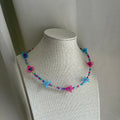 Handmade beaded pink and blue flower choker necklace