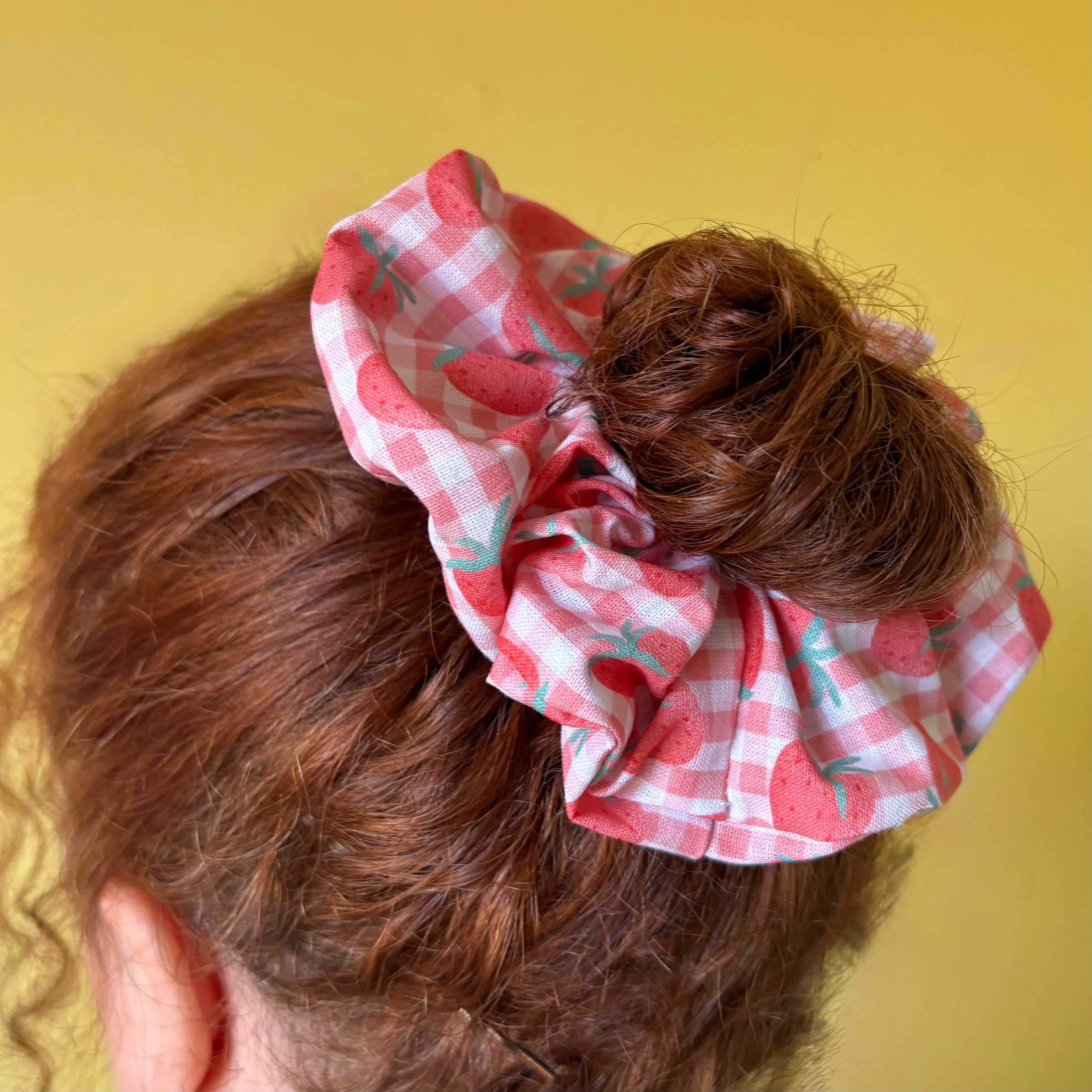 Large handmade cotton pink gingham strawberry scrunchie
