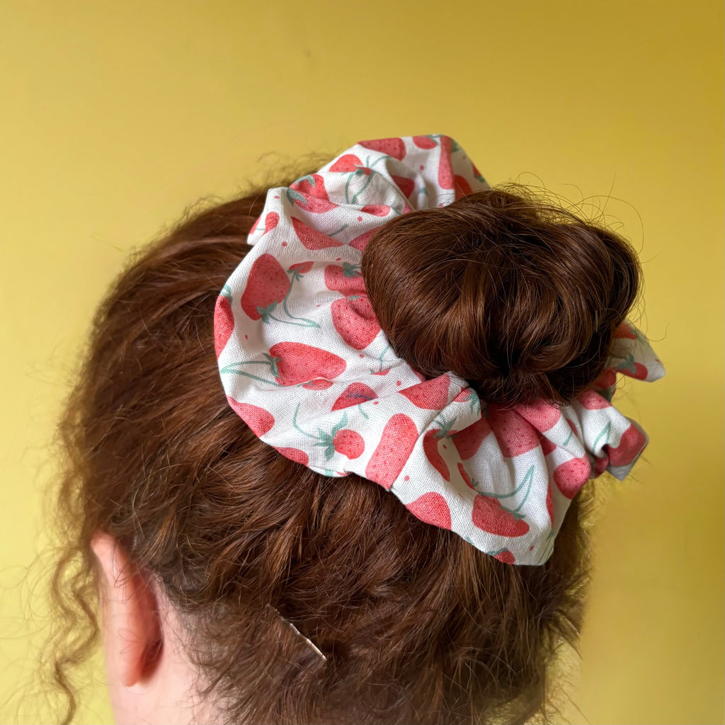 Handmade large white and red strawberry scrunchie