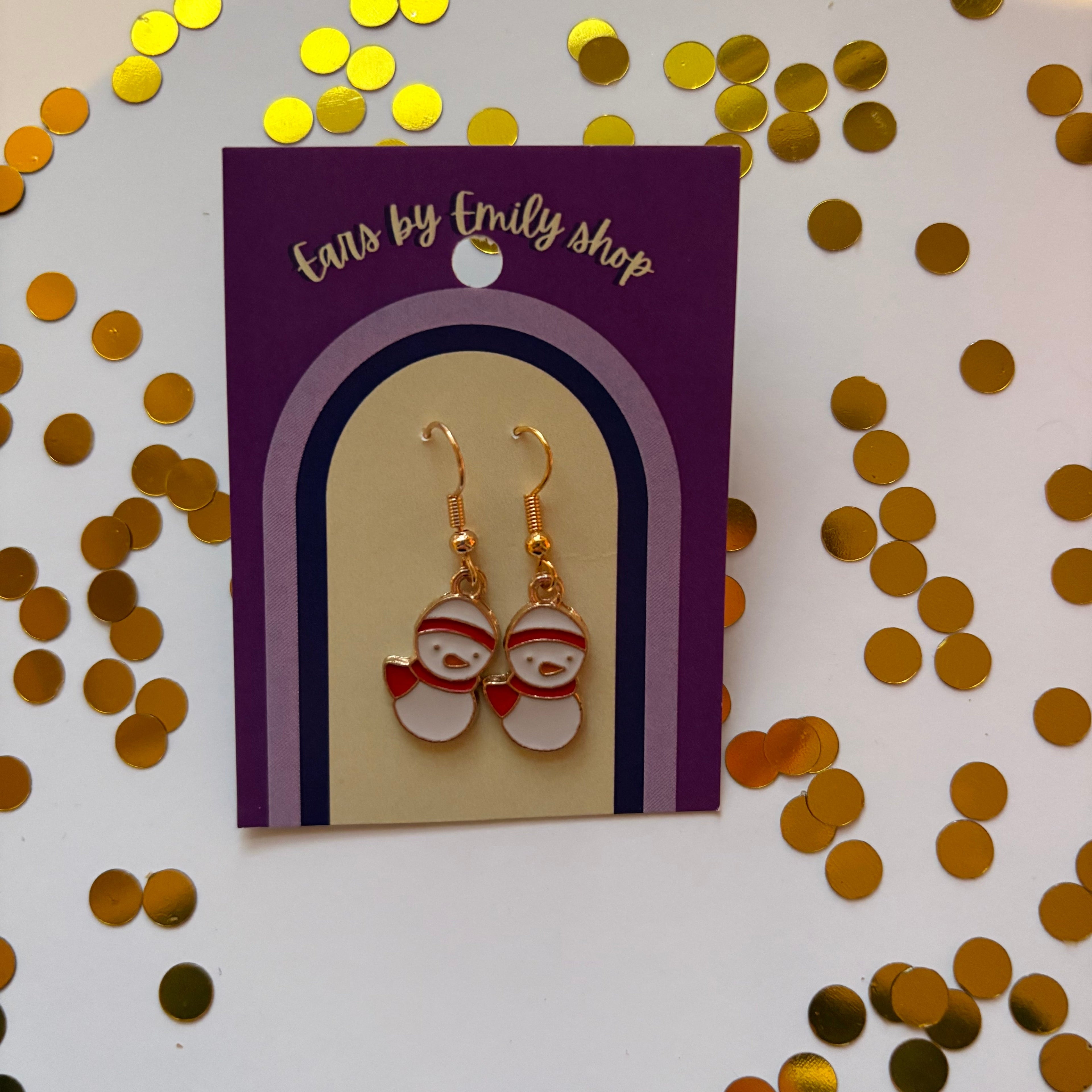 Gold and white Christmas duck snowman dangle earrings on gold plated hooks