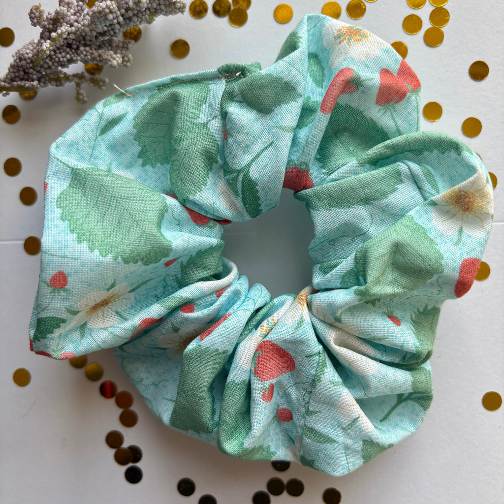 Handmade large light blue scrunchie with strawberry plants