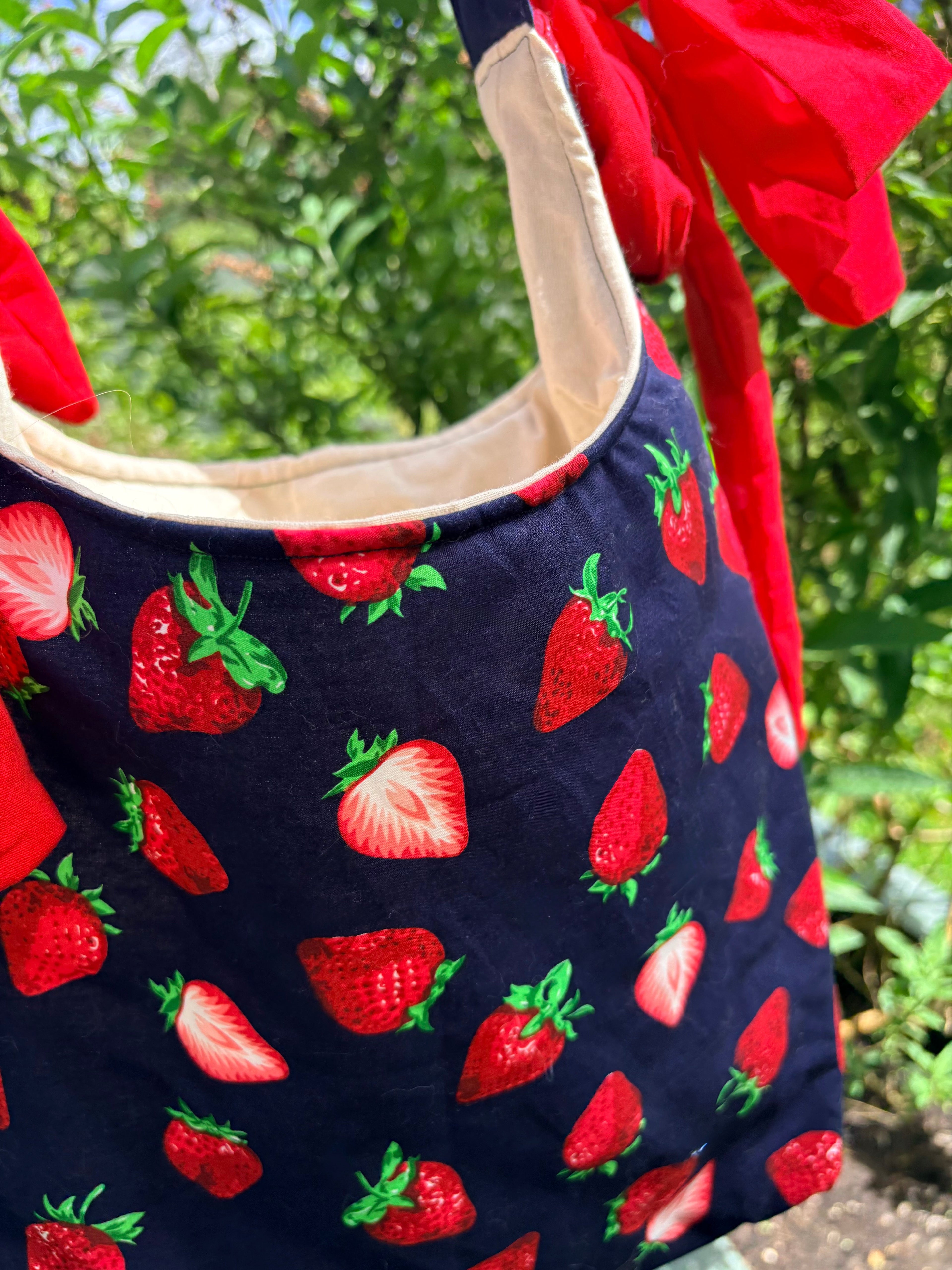 Handmade navy blue red strawberry coquette padded tote bag with bows