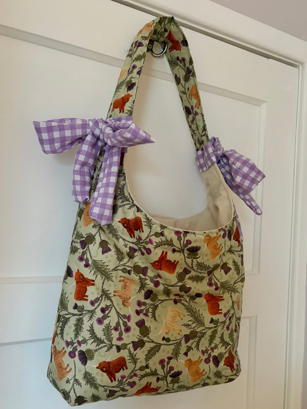 Handmade Scottish highland cow bow padded tote bag