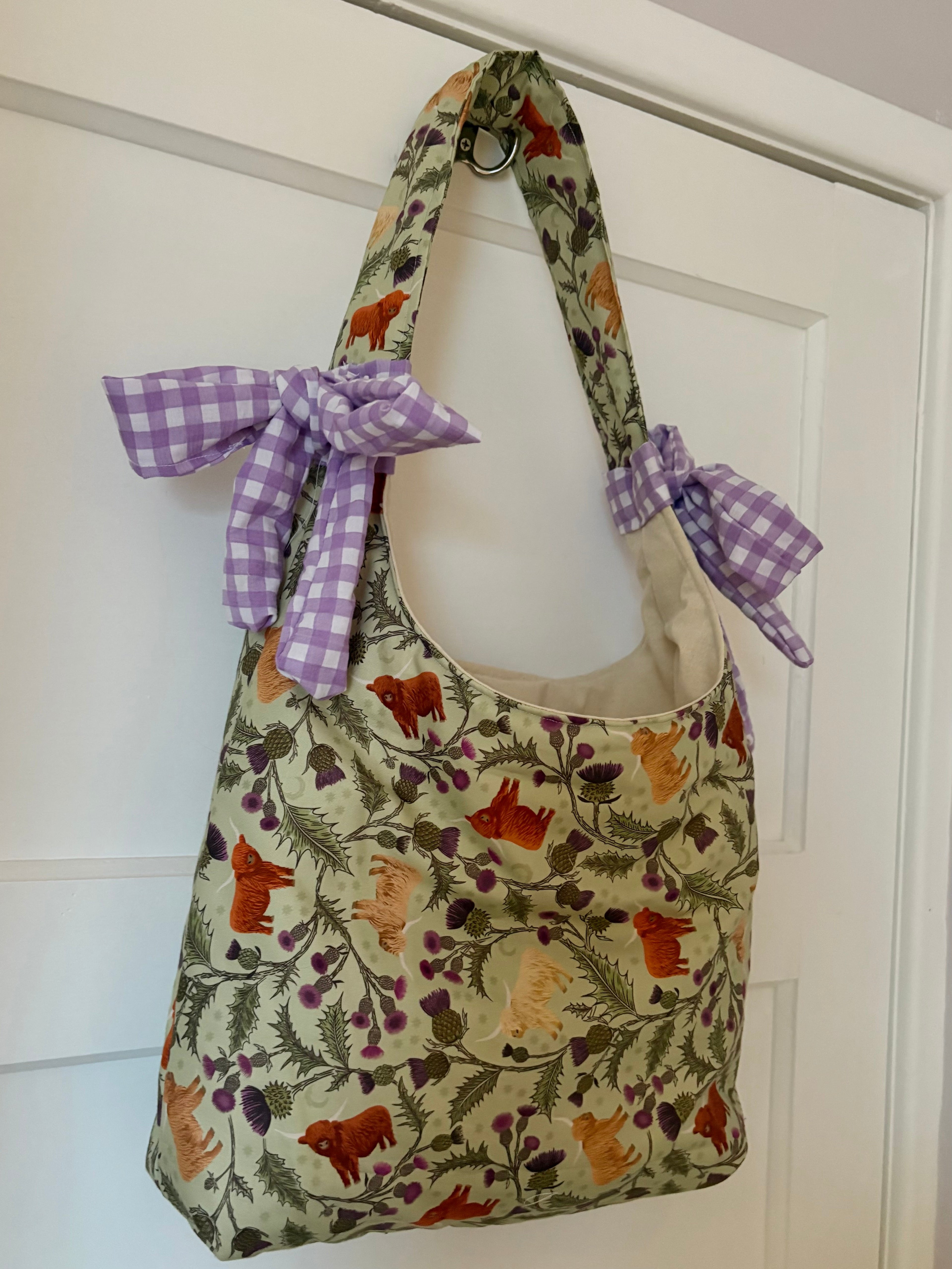 Handmade Scottish highland cow bow padded tote bag