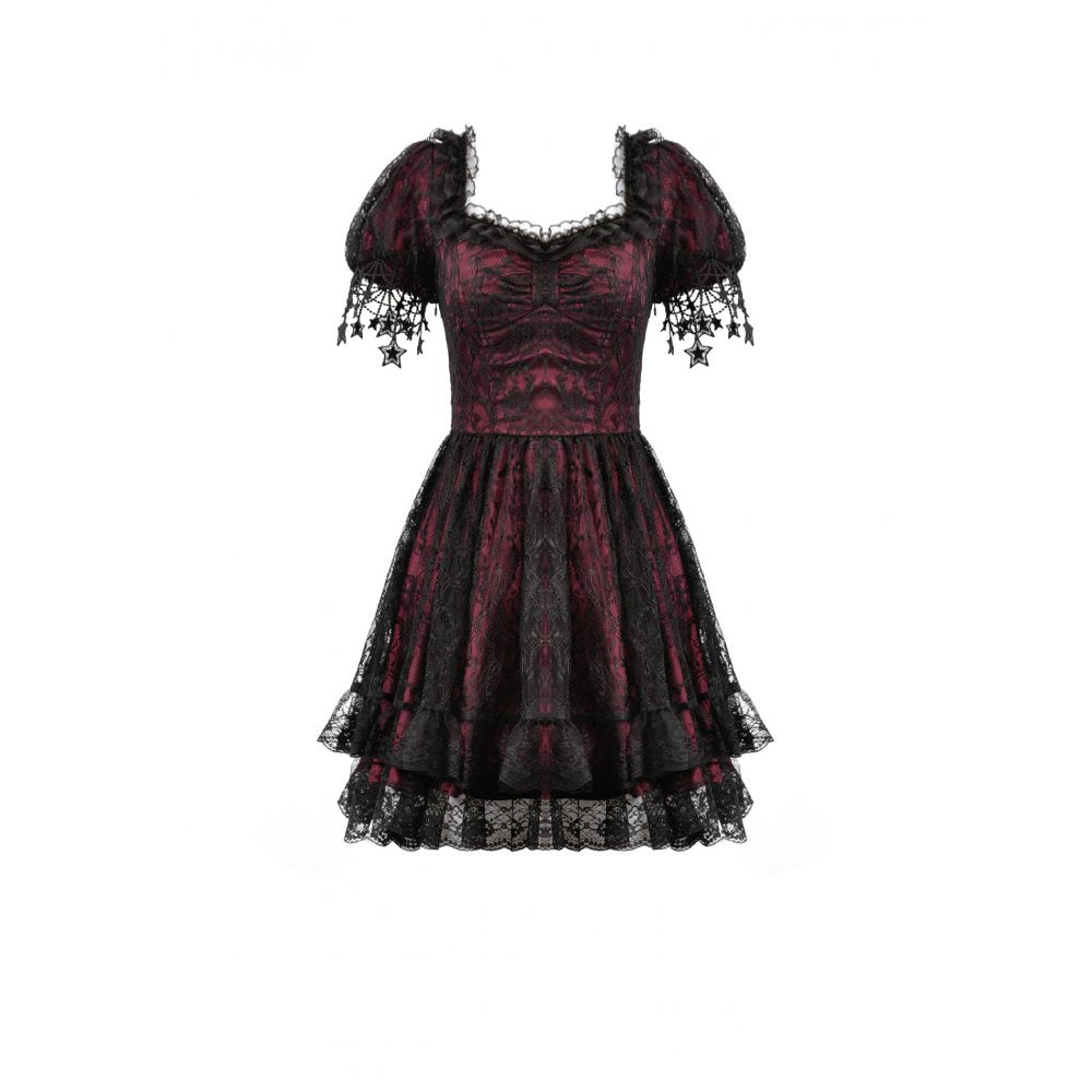 Dark in Love Burgundy & Black Lace Princess Dress with Stars Lace