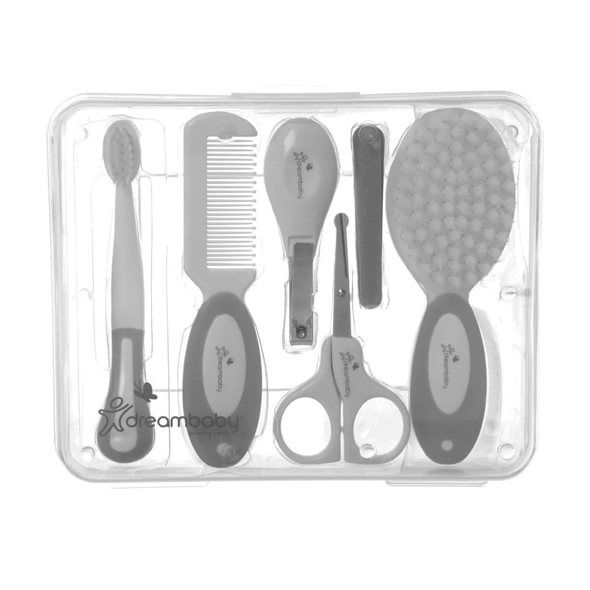 Dreambaby Essentials Deluxe (Ergo Handle) 10 pcs Grooming Kit in Clear Hard Case - Grey