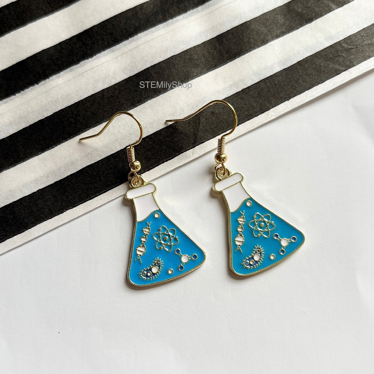 Gold science blue science flask beaker dangle drop earrings