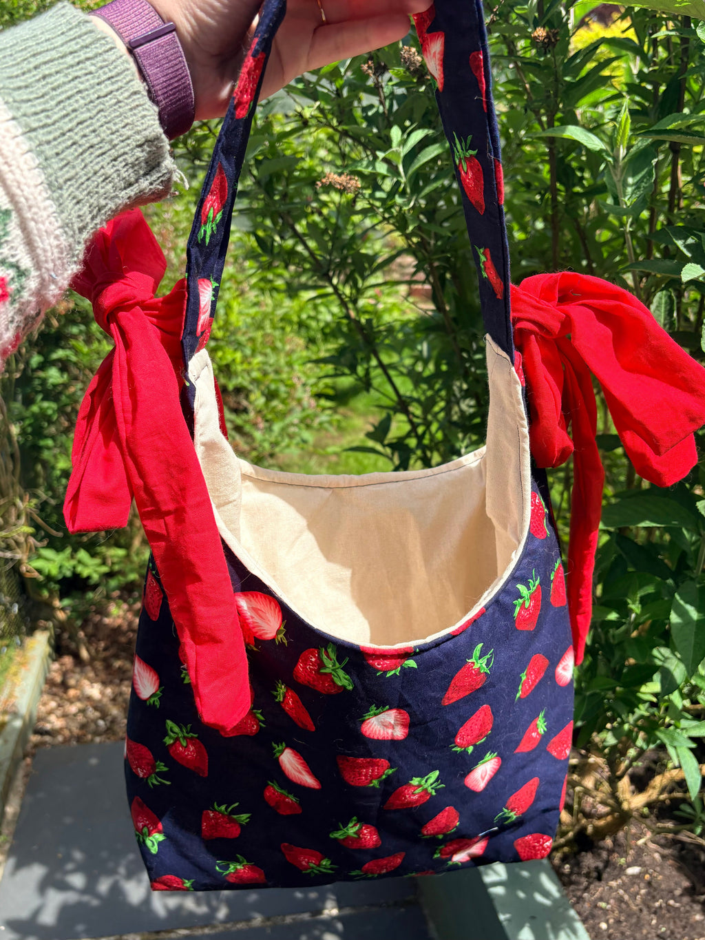 Handmade navy blue red strawberry coquette padded tote bag with bows
