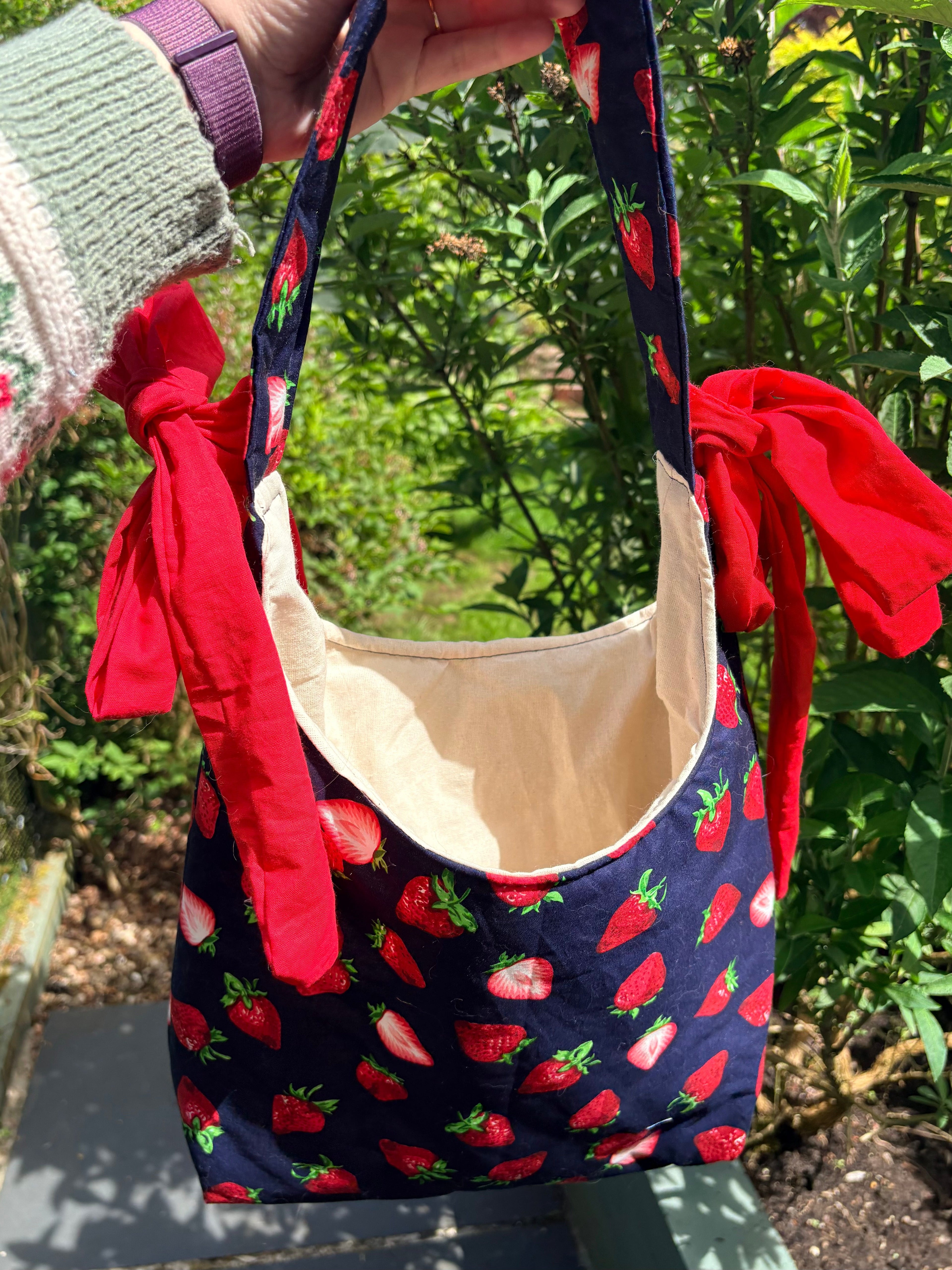 Handmade navy blue red strawberry coquette padded tote bag with bows
