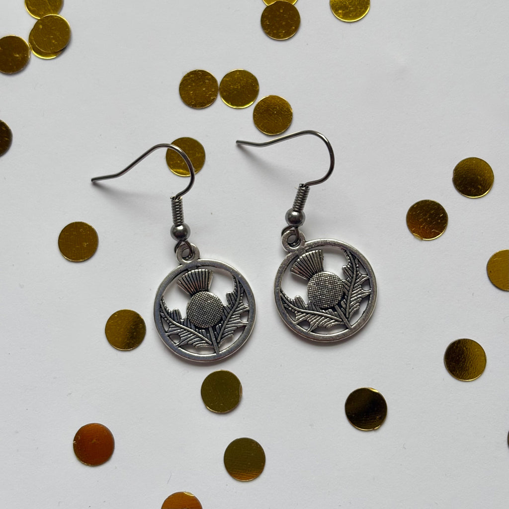 Silver Scottish thistle plant earrings