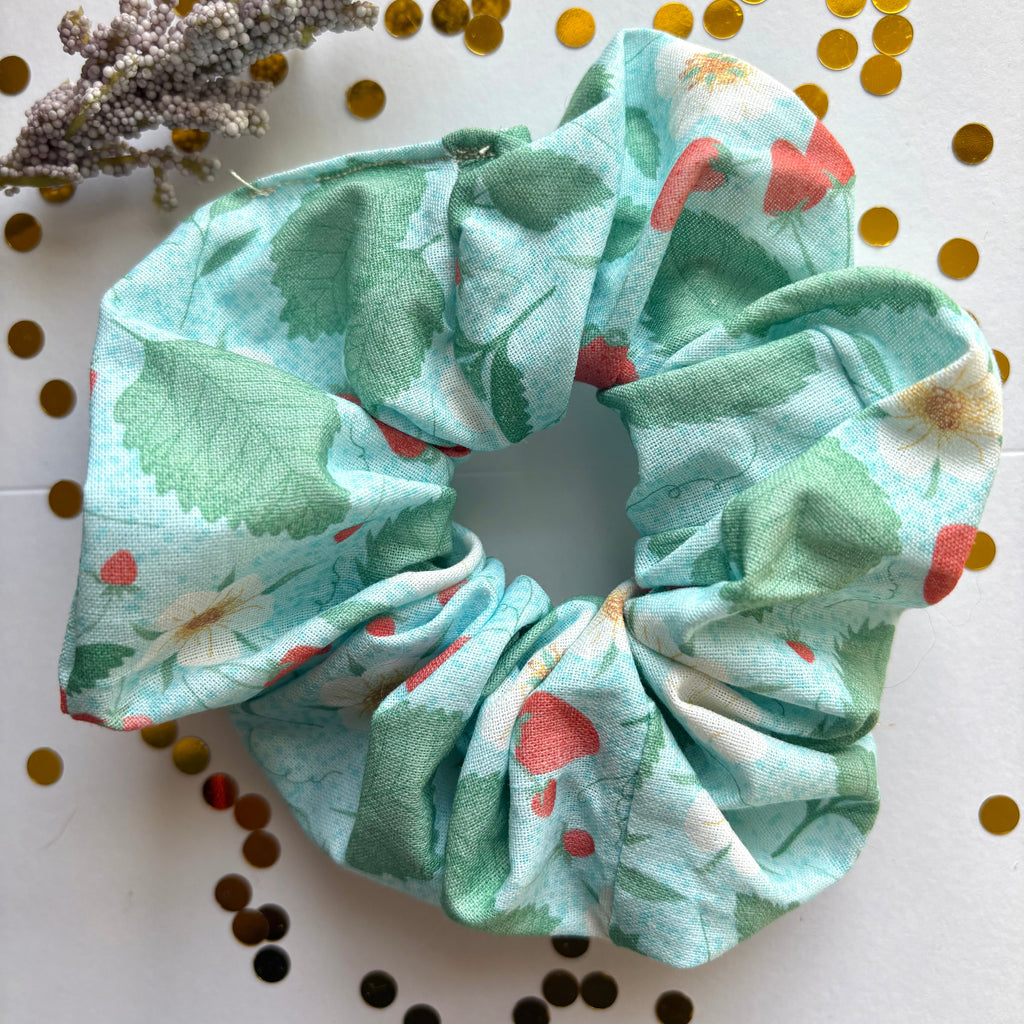 Handmade large light blue scrunchie with strawberry plants