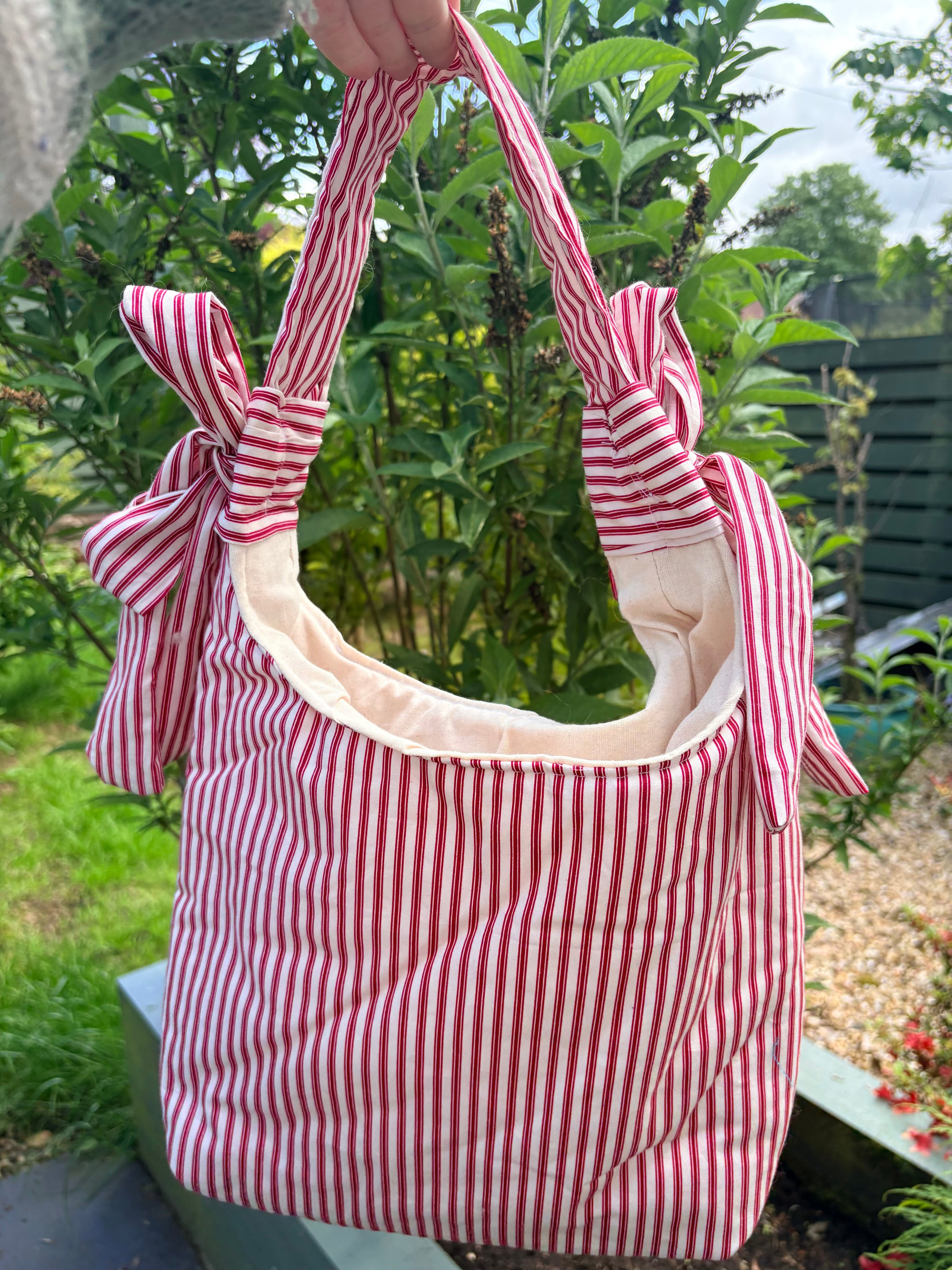 Handmade white and red stripe coquette padded tote bag with bows