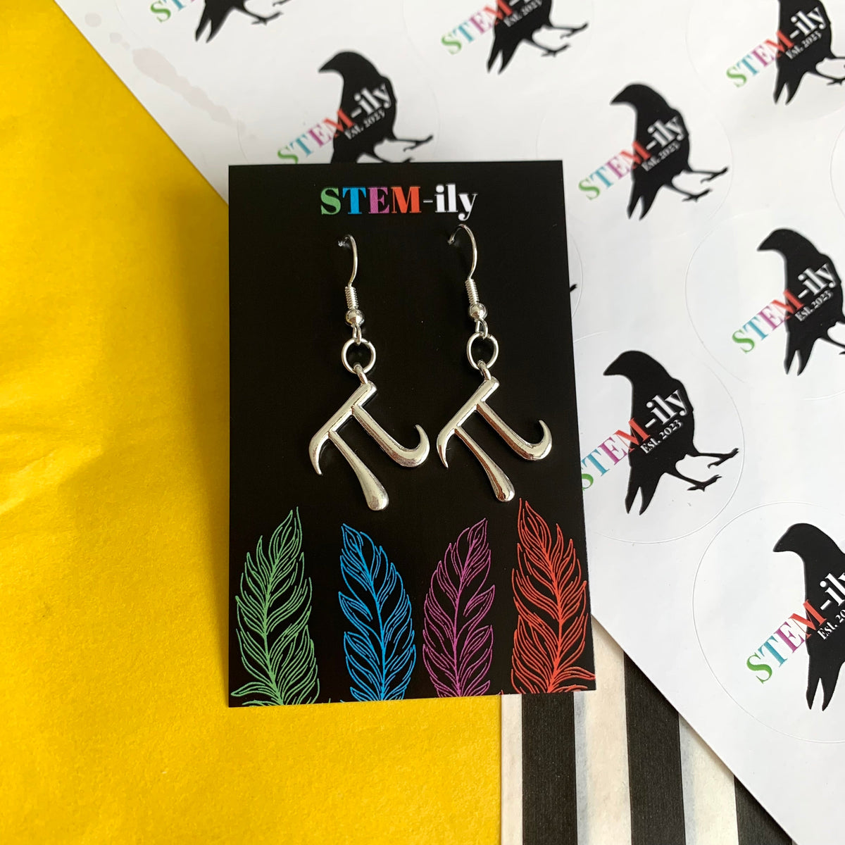 Silver maths pi earrings drop dangle earrings on hypoallergenic surgical steel hooks