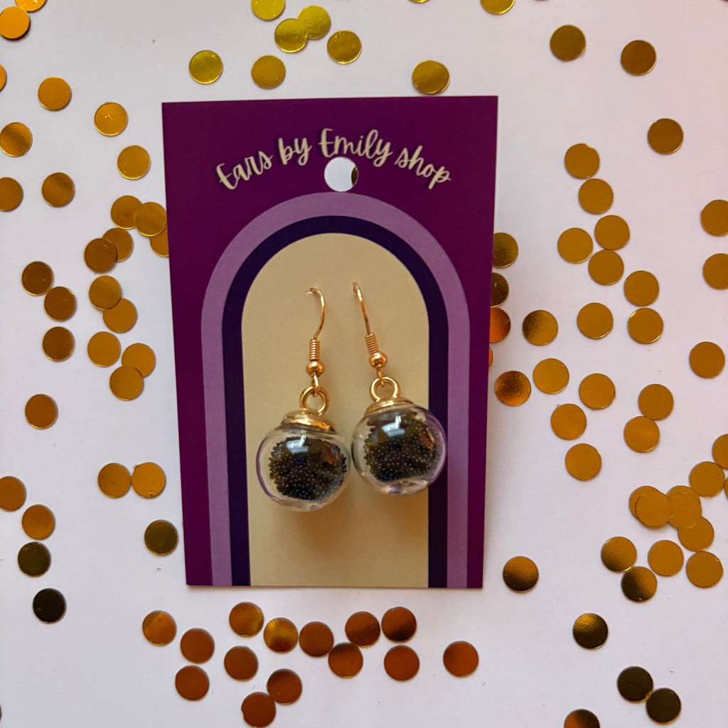 Black ball bead sparkle bauble Christmas dangle earrings gold plated