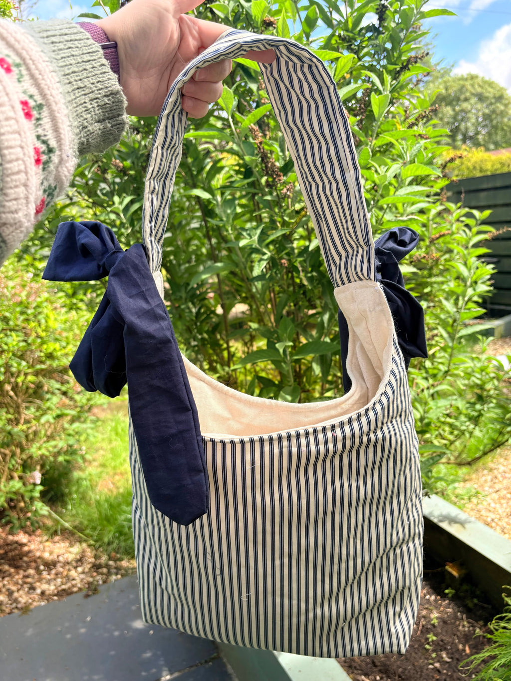 Handmade white and navy blue stripe coquette padded tote bag with bows