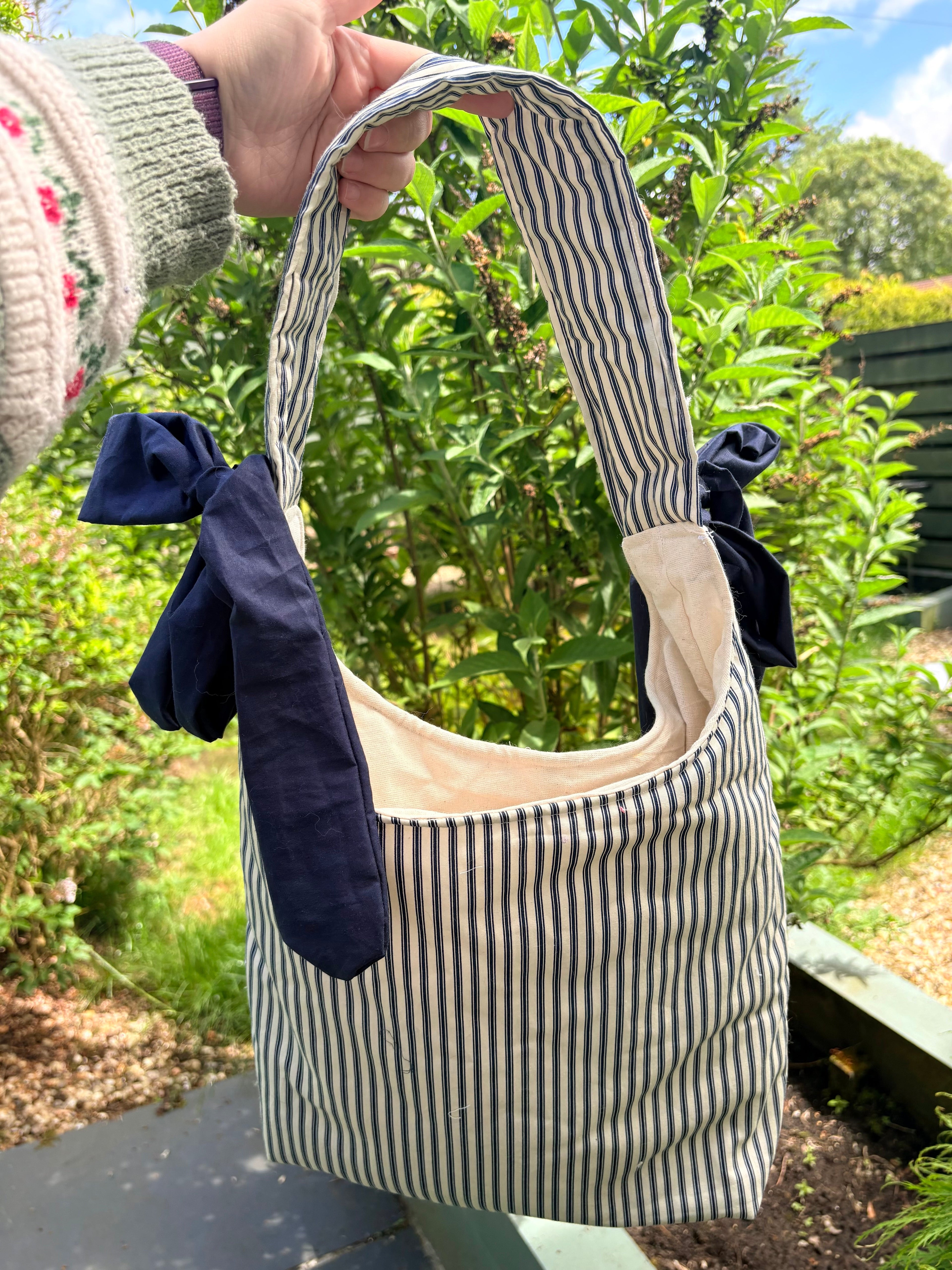 Handmade white and navy blue stripe coquette padded tote bag with bows