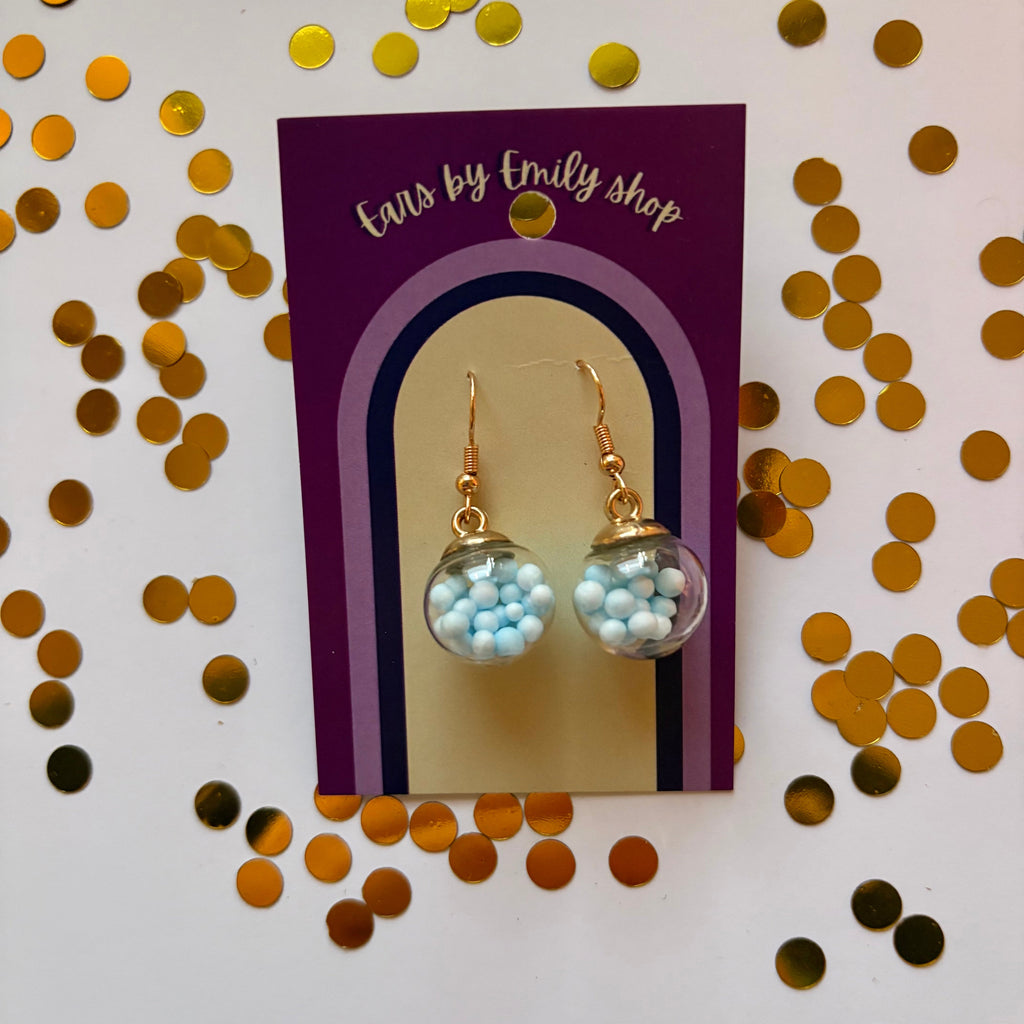 Blue ball bauble Christmas dangle earrings gold plated