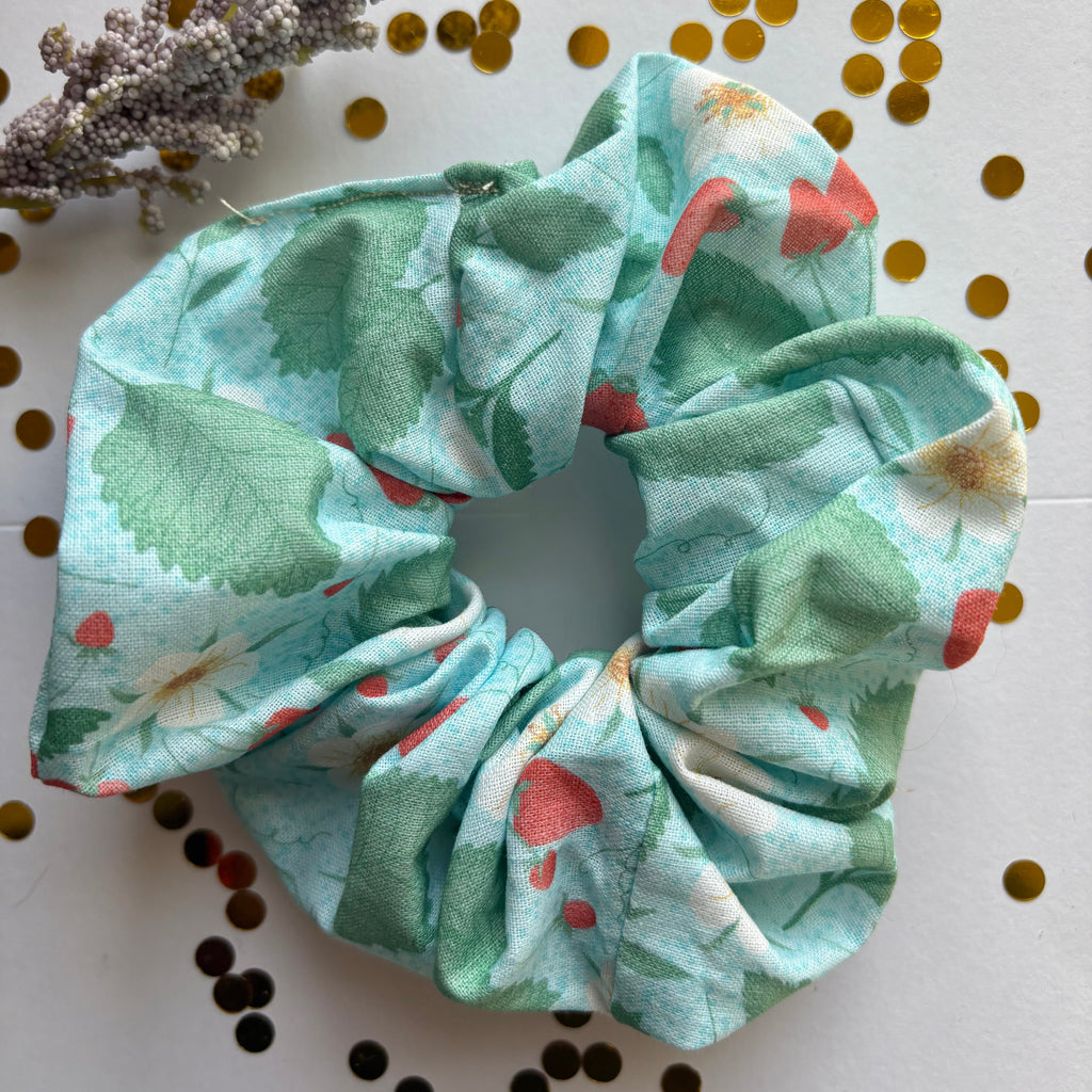 Handmade large light blue scrunchie with strawberry plants