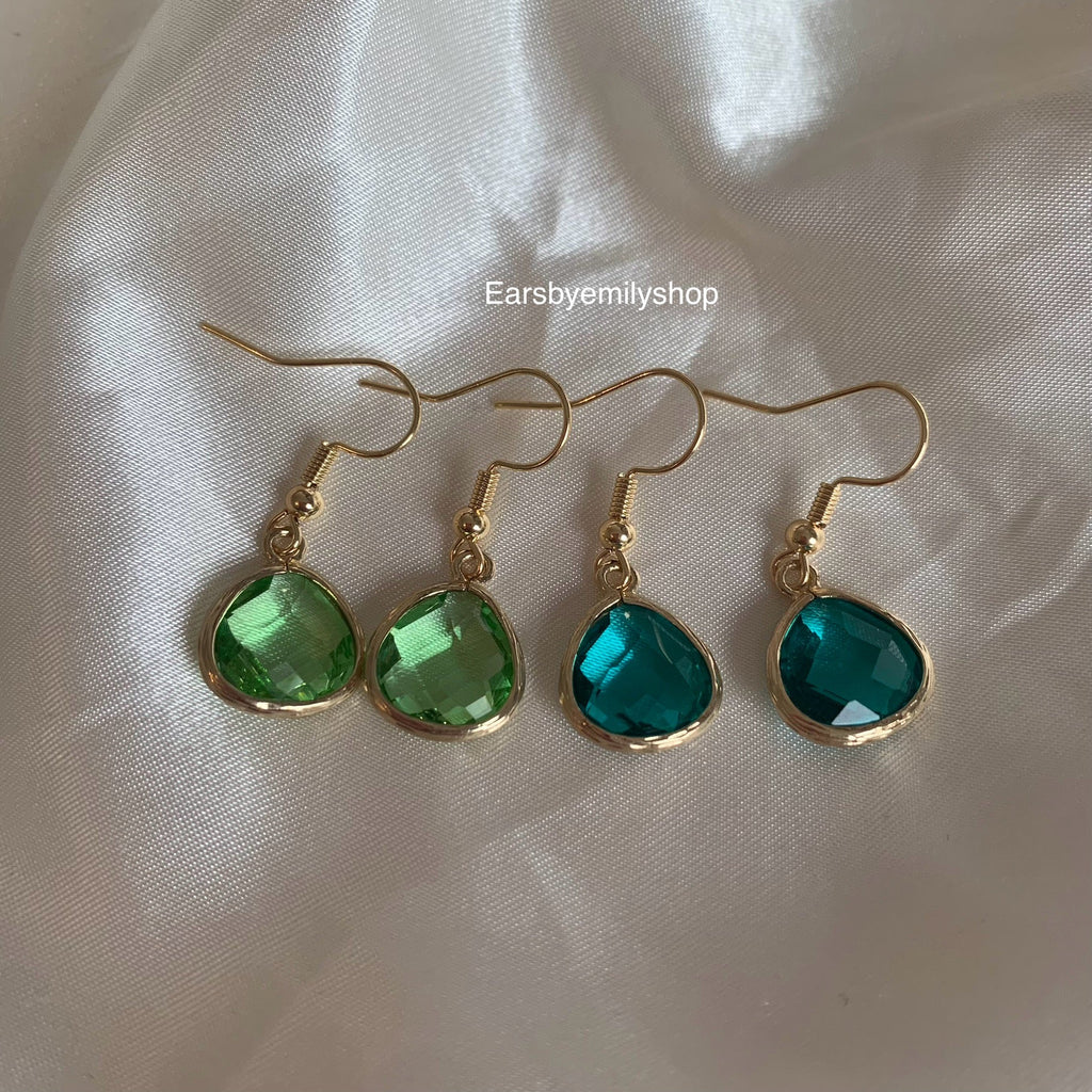 Teal blue or green minimalistic gold plated drop earrings