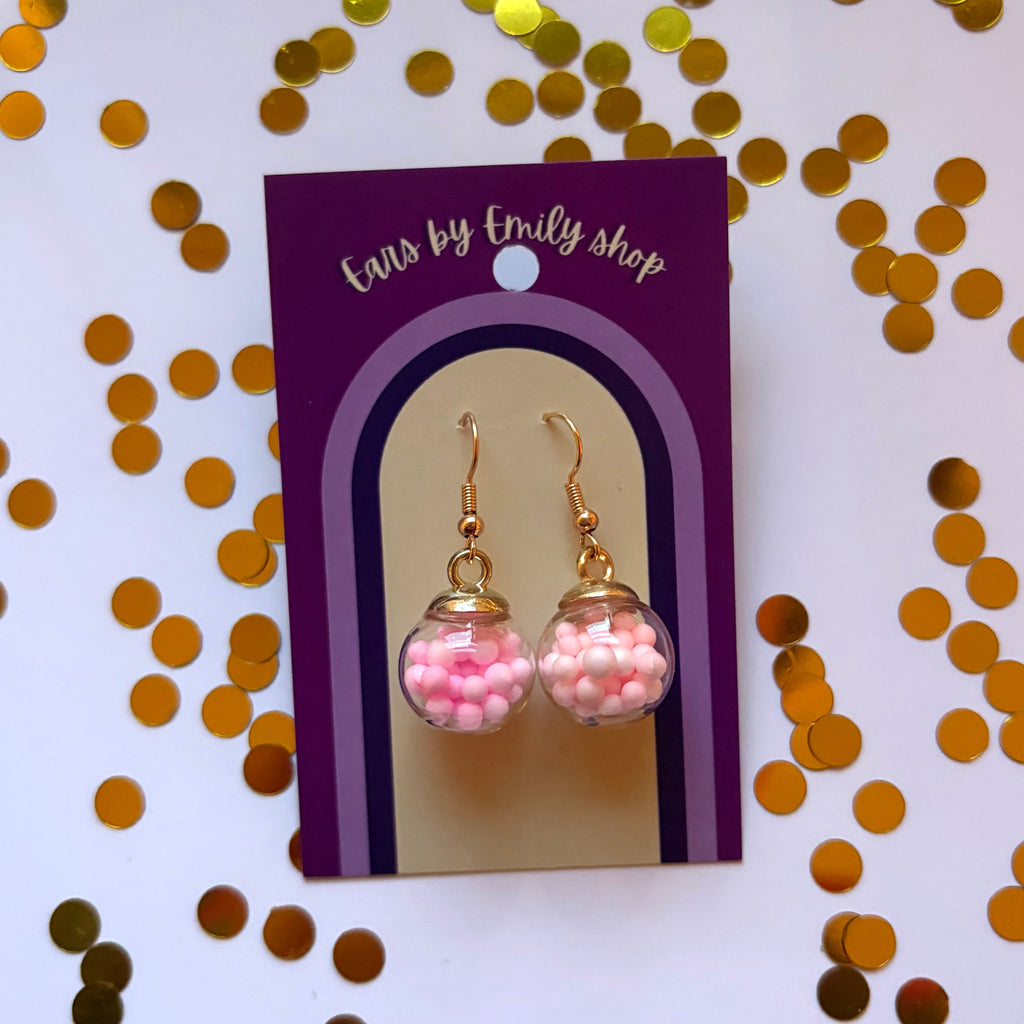 Pink ball bauble Christmas dangle earrings gold plated