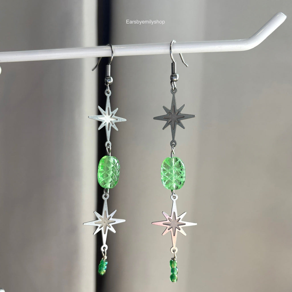 Stainless steel star and green bead statement dangle earrings
