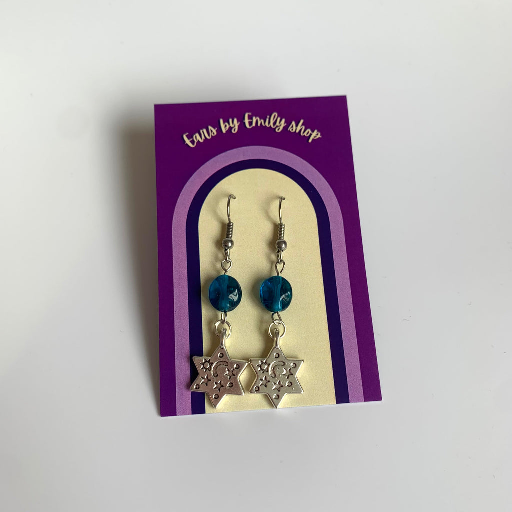 Cool silver star with yellow or blue bead statement dangle hypoallergenic earrings