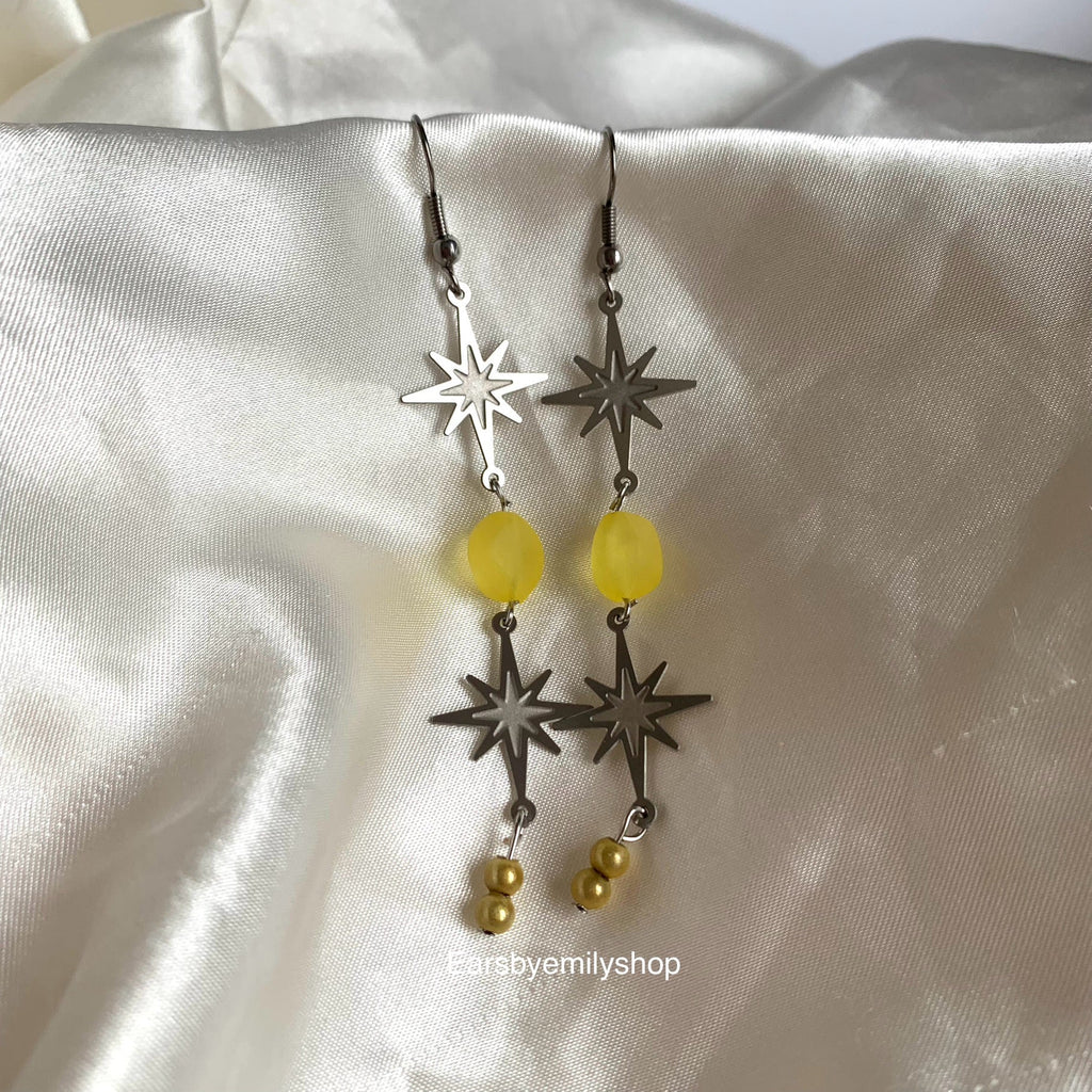 Stainless steel star and yellow bead statement dangle earrings